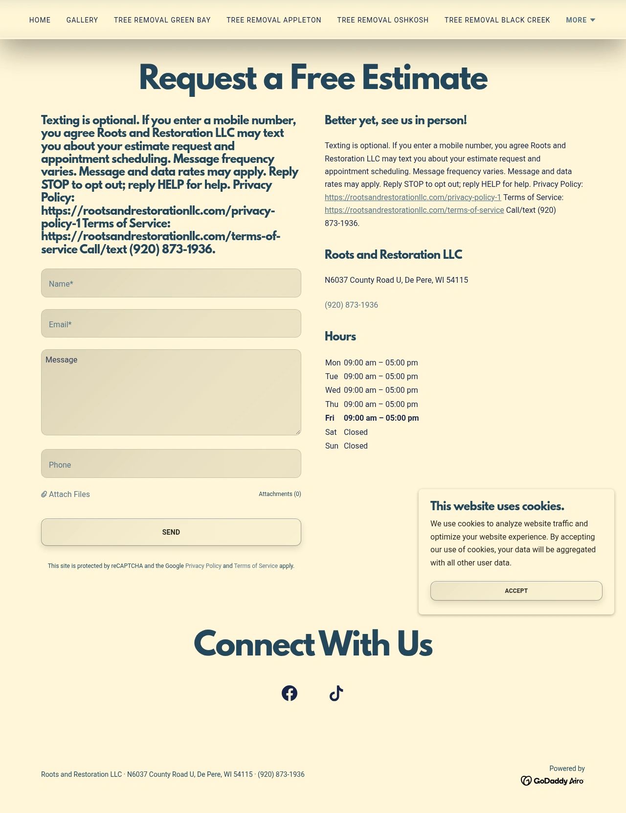 Contact form for on-site estimate and company details for Roots and Restoration LLC.